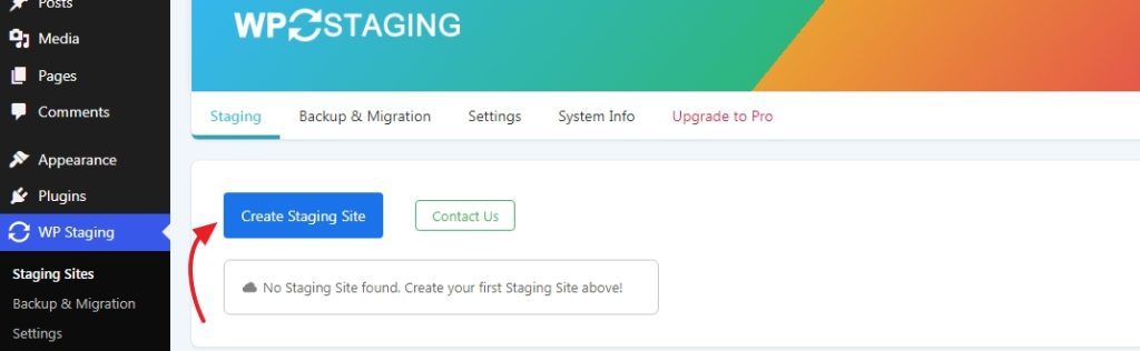 creating a new staging site option
