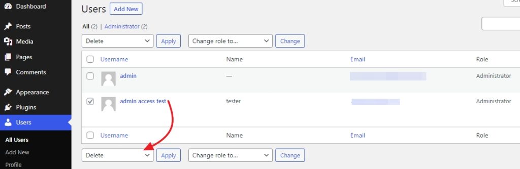 option to delete an admin user