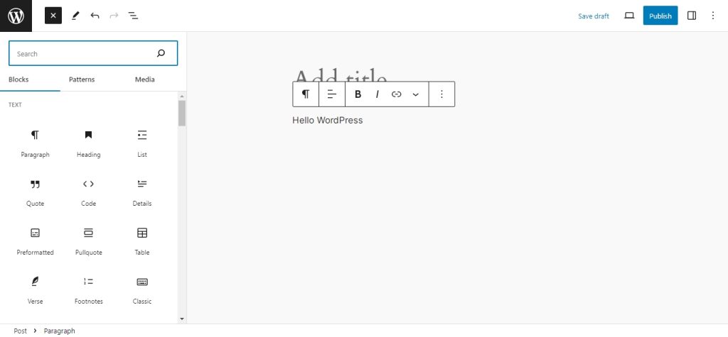 The blocks panel in the Gutenberg editor