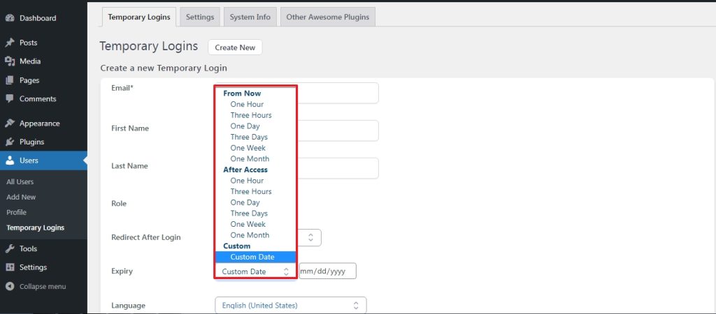 time frame option in the plugin for new admin user