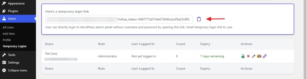 temporary login url for support
