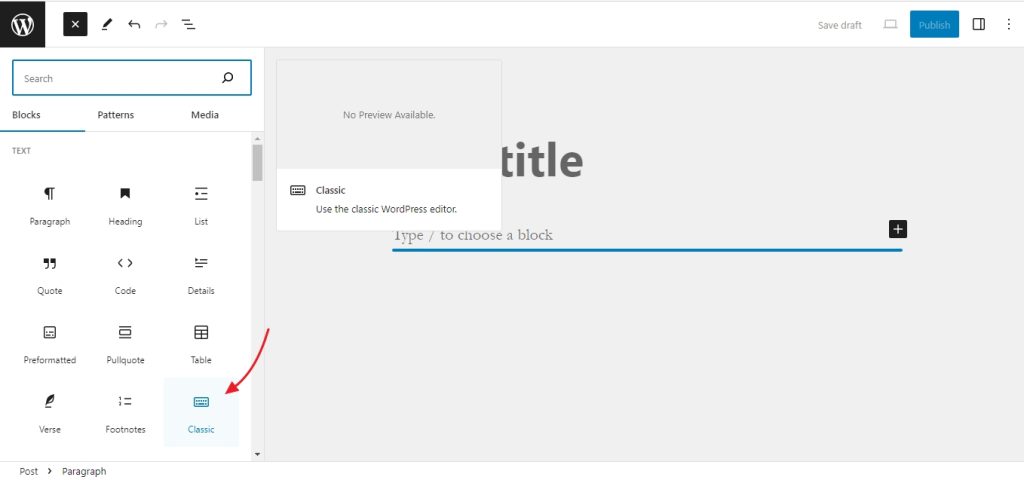 The classic editor available within the block editor