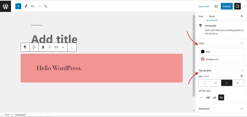 background color and font size settings in the block editor