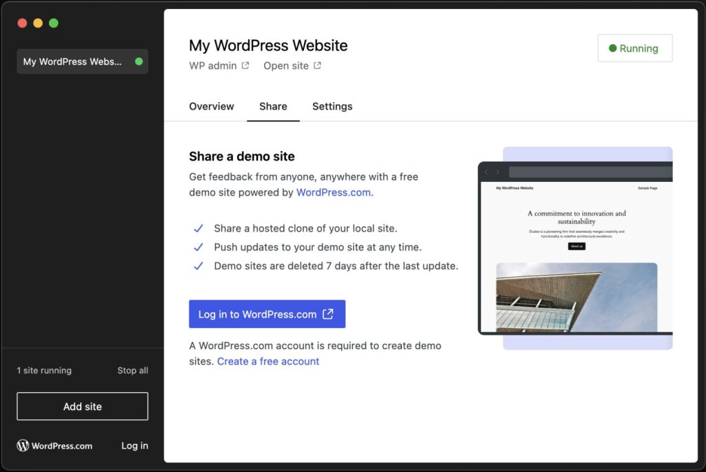 Studio by WordPress.com share menu