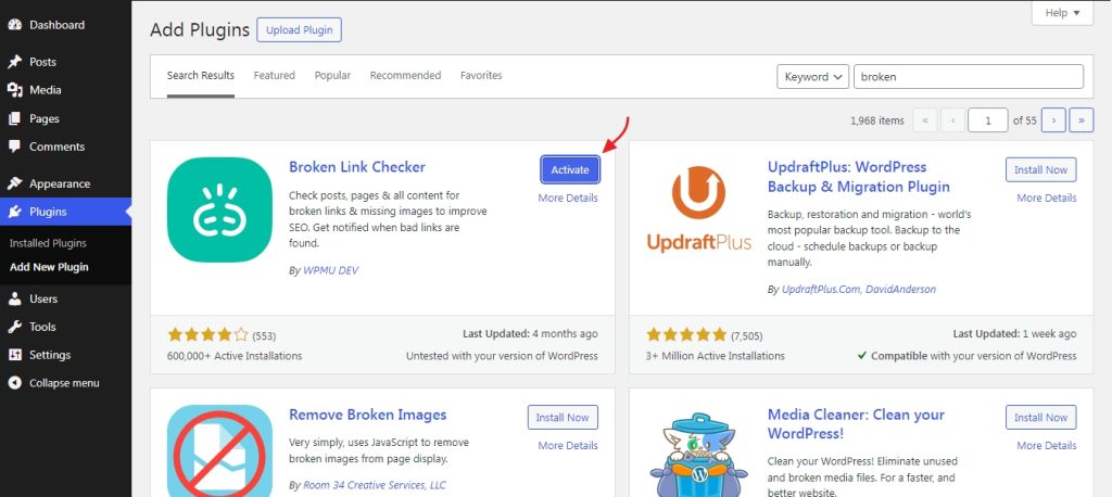 Broken link checker WordPress plugin