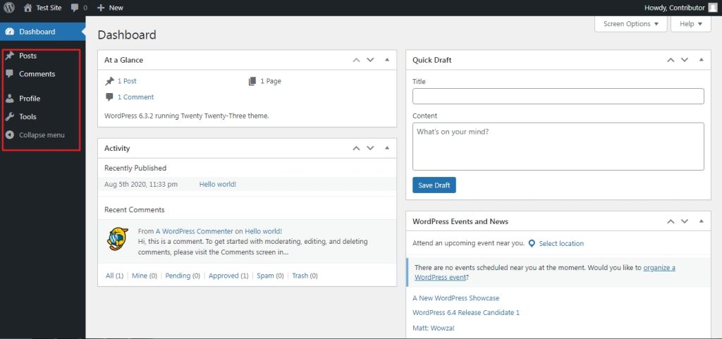 contributor user role dashboard