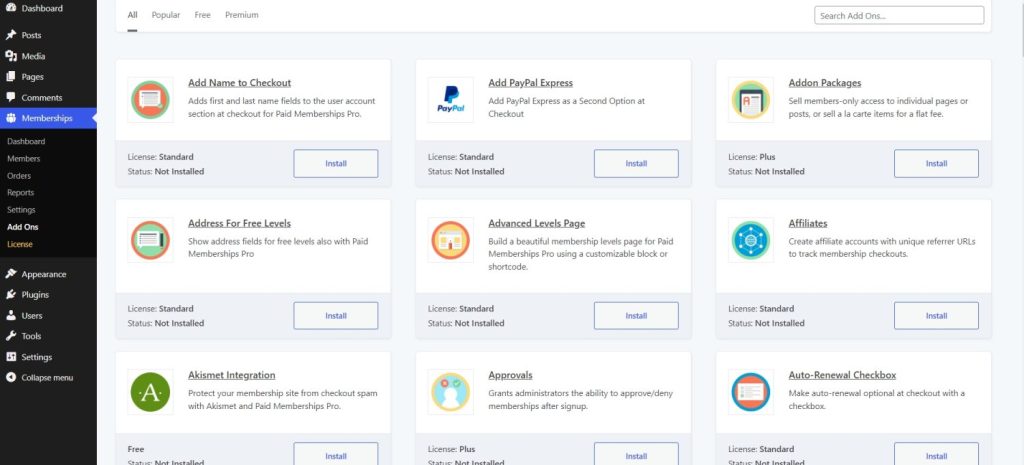 addons for paid memebership plugin