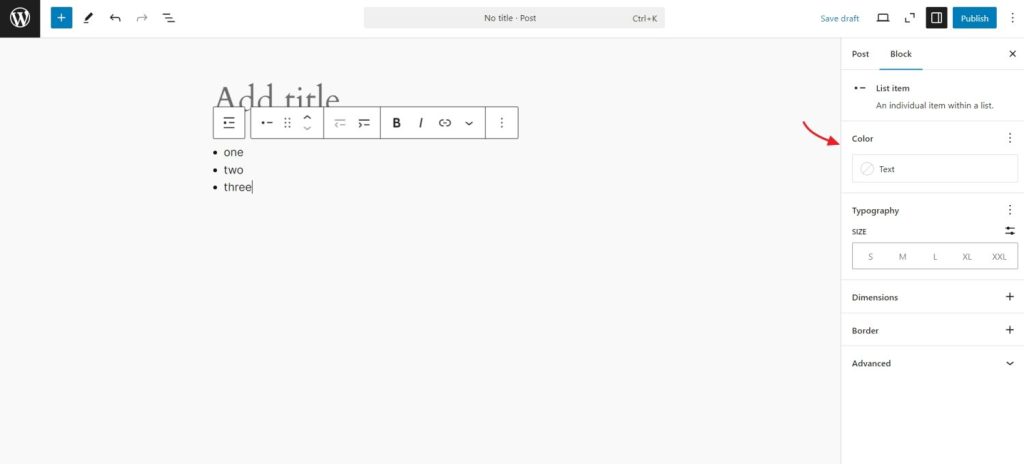 list item block with color control