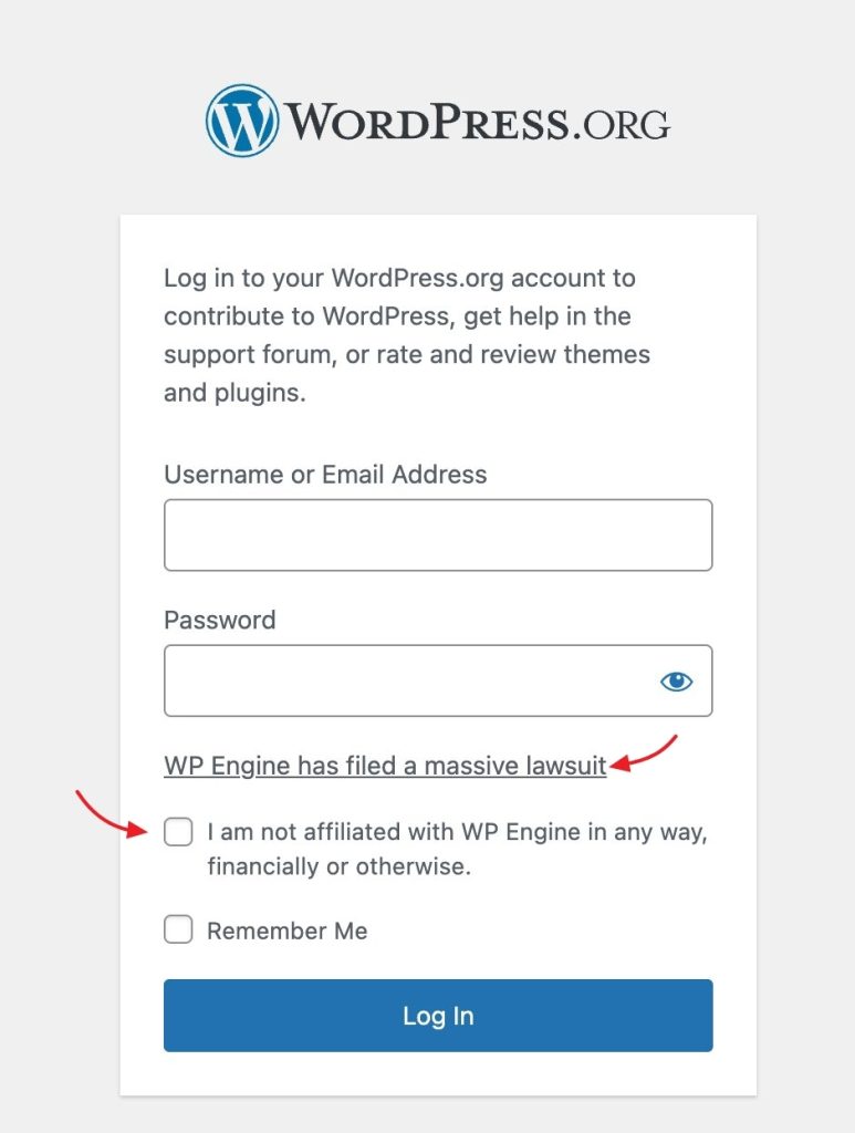 revised WordPress.org mentioning WP Engine lawsuit and affiliation