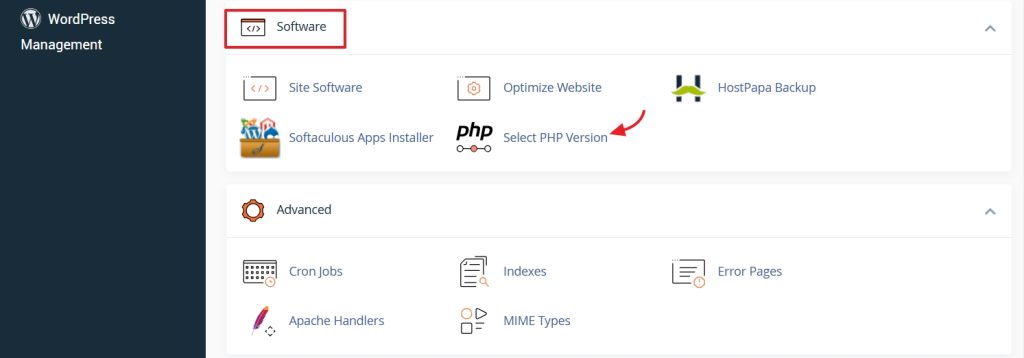 cpanel define php version