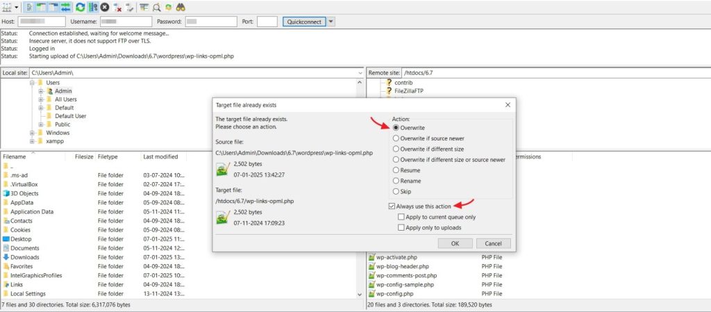 ftp upload settings