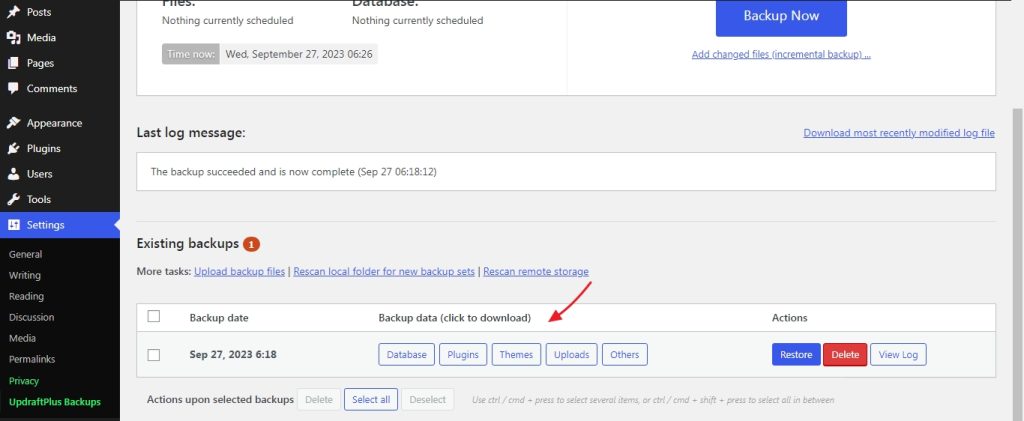 updraft plus plugin backup completed
