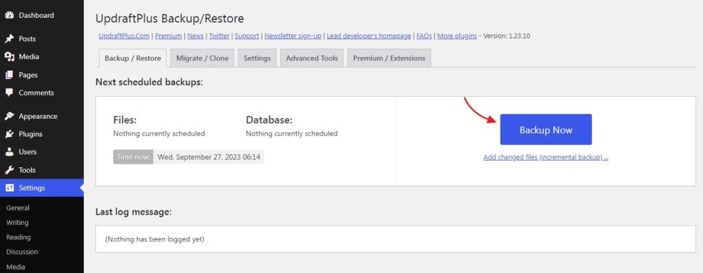 updraft plus plugin backup option