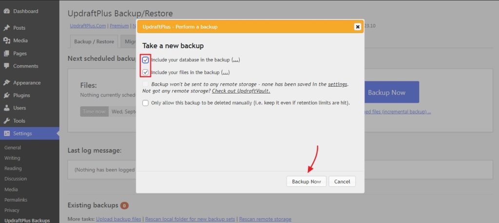 updraft plus plugin configuration
