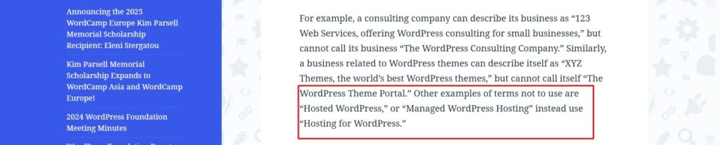 WordPress trademark terms mentioned