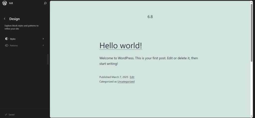 desgins tab in WordPress 6.8
