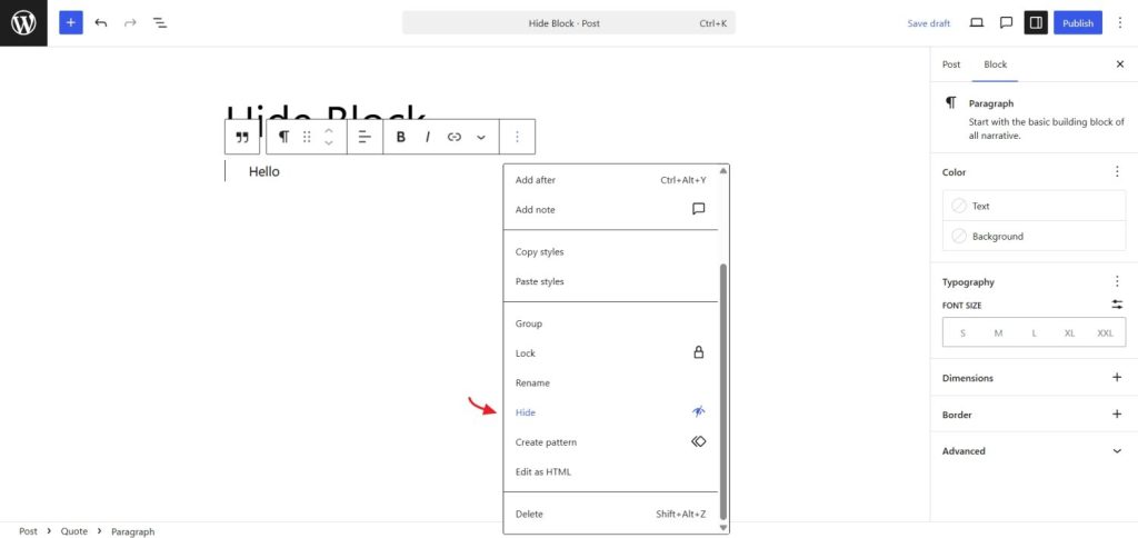 hide block feature in wordpress 6.9