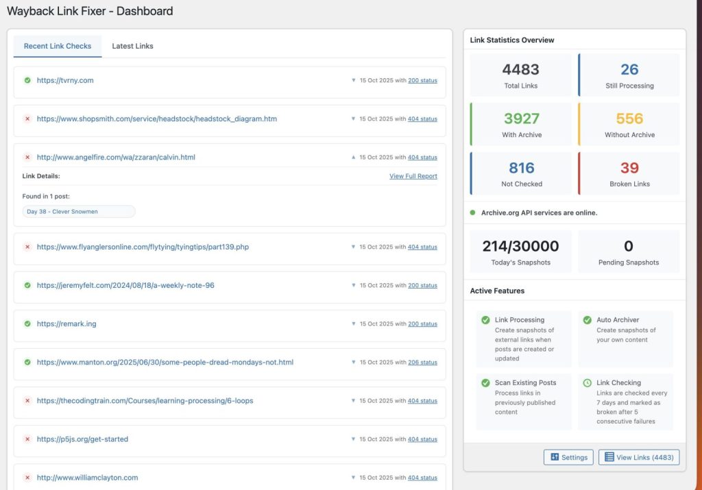 Internet Archive Wayback Machine Link Fixer plugin