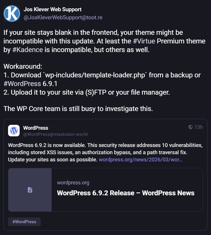 wordpress 6.9.2 blank screen bug workaround