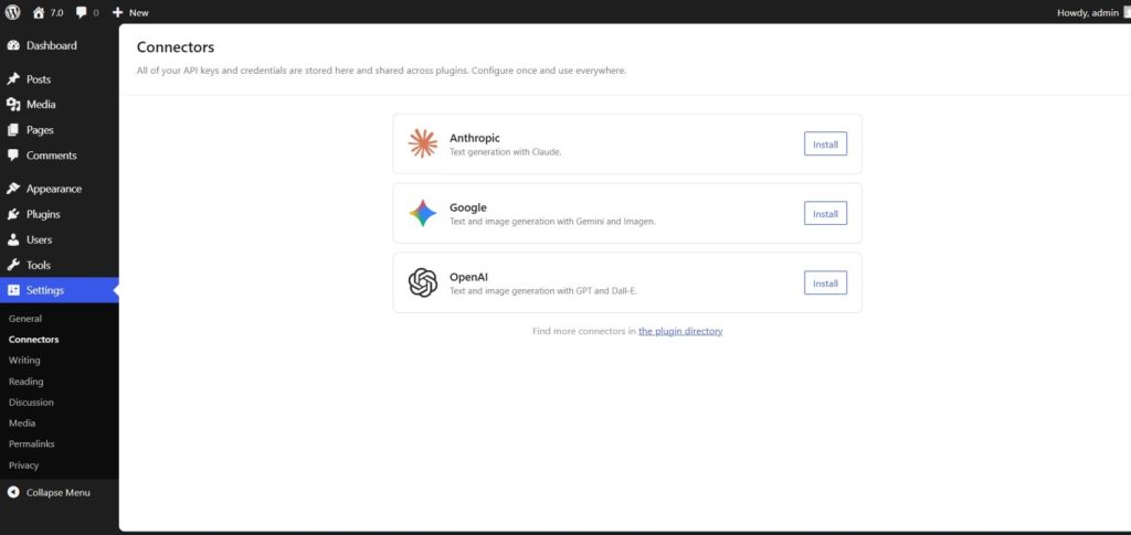 Connectors UI in wordpress 7.0