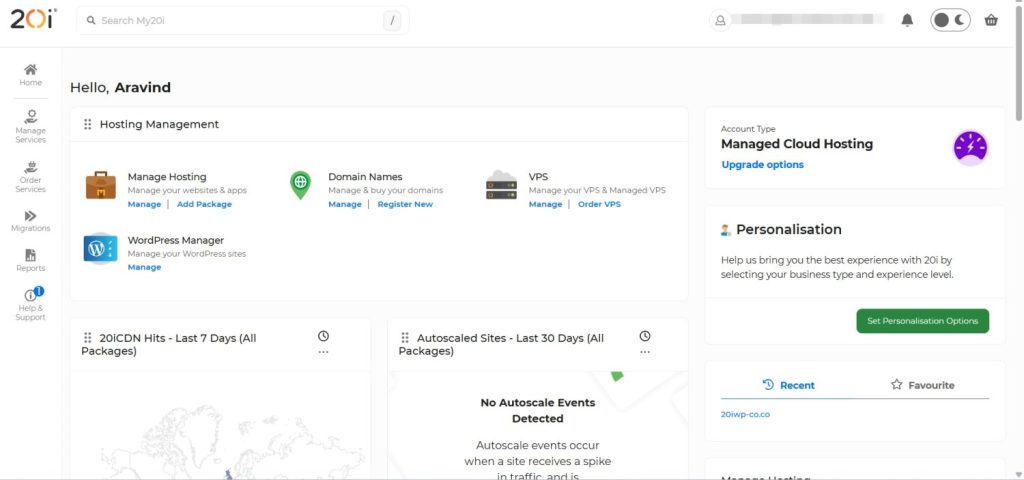 20i hosting for wordpress dashboard