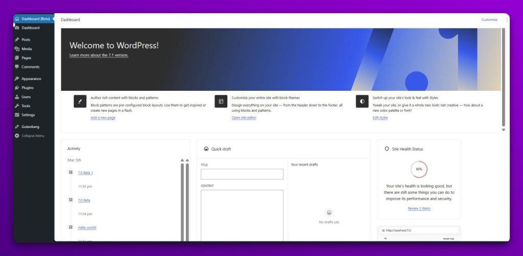 new gutenberg experimental dashboard