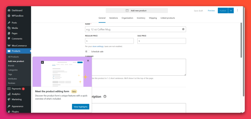 woocommerce block based product editor